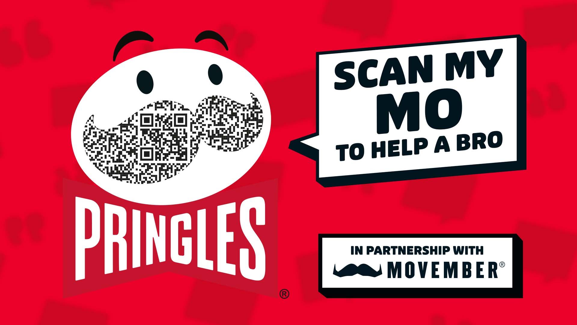 Image showing Pringles logo and a QR code. Superimposed text reads: "Scan my Mo to help a bro."