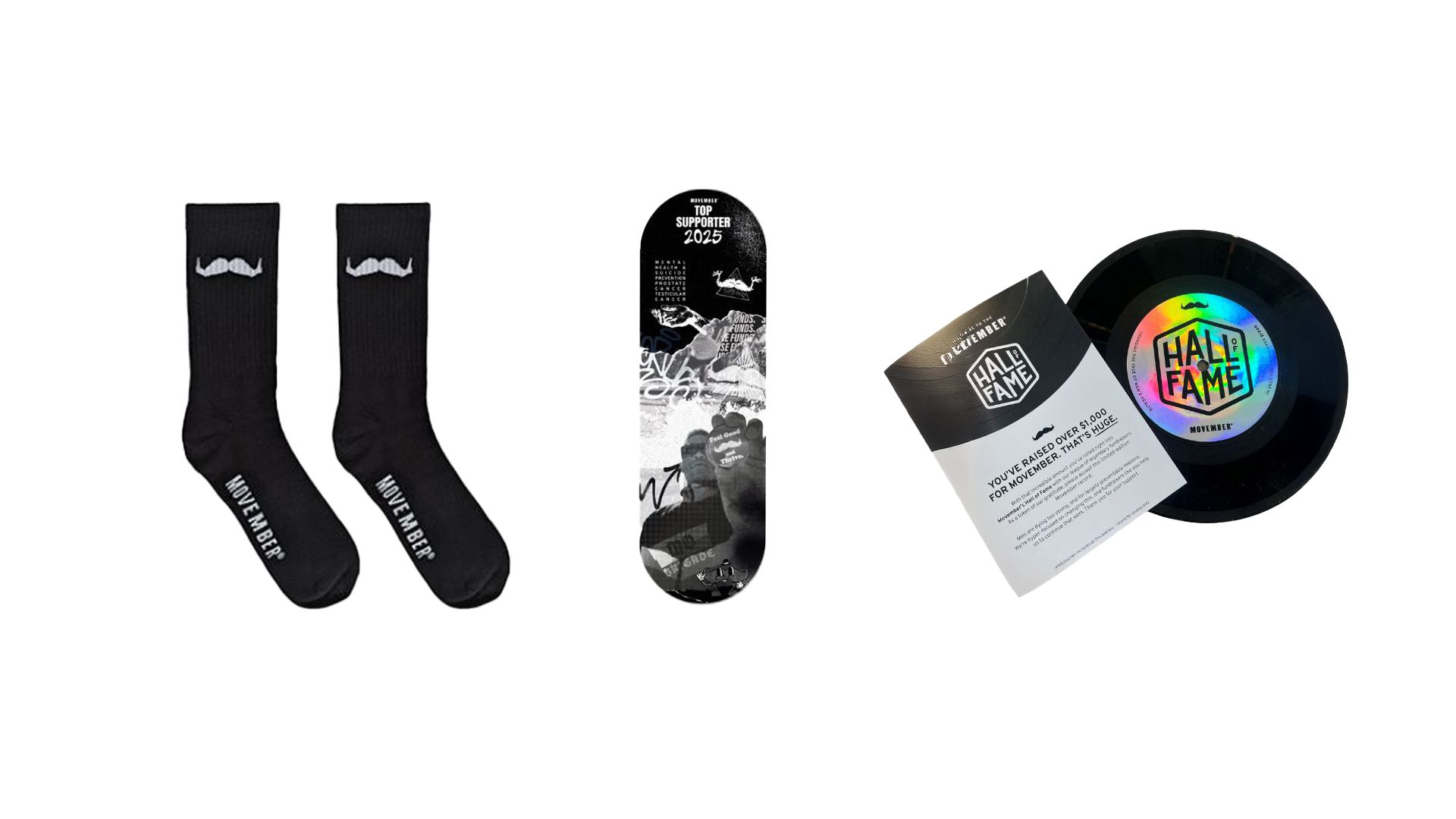 Photo showing a range of Movember New Zealand Platinum Club merchandise.