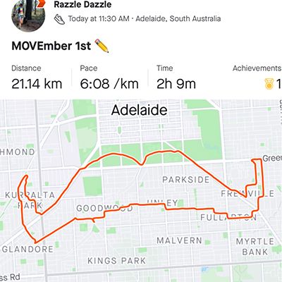 A road route in the shape of a moustache, outline over a map of Adelaide. 