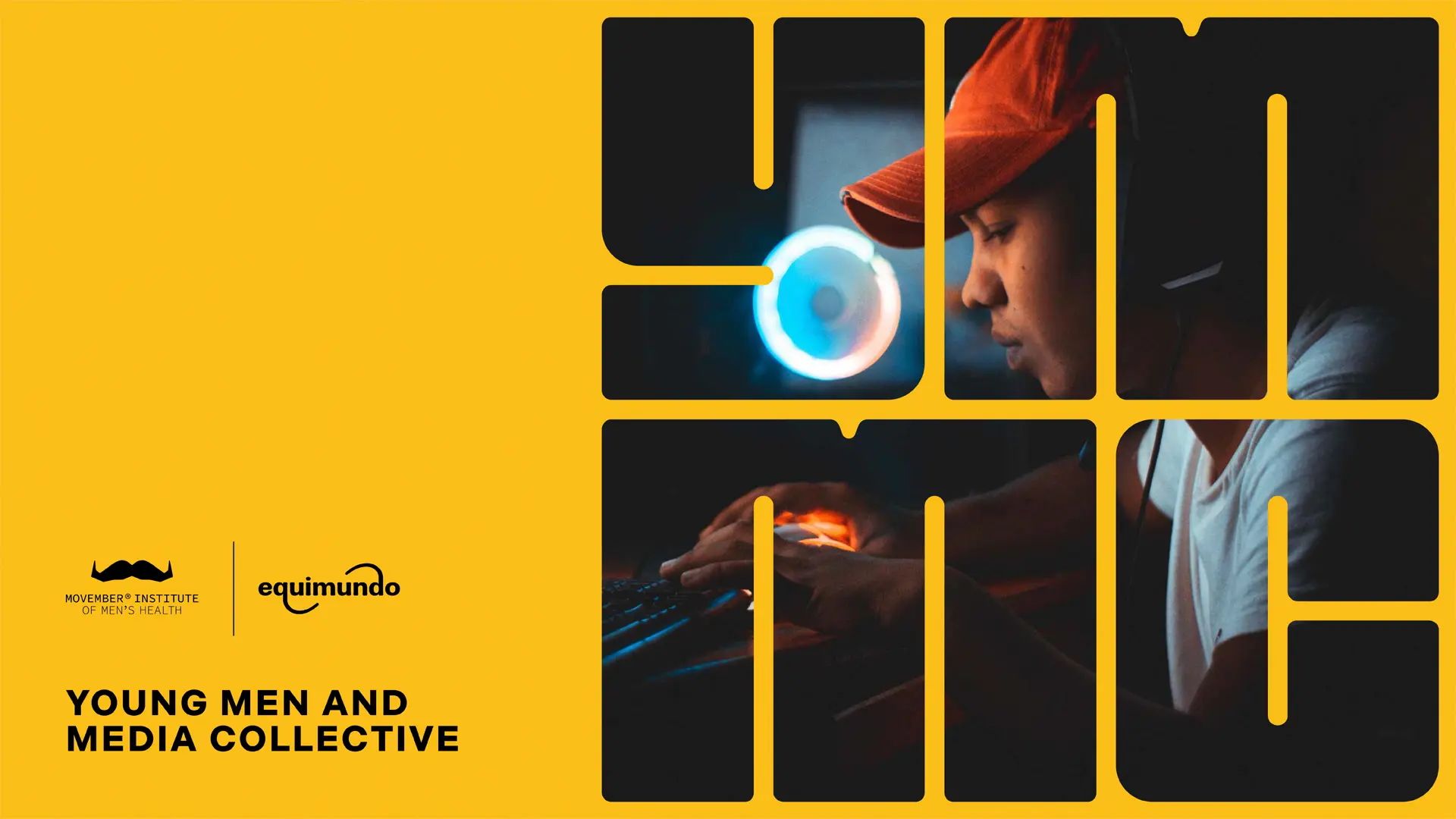 Yellow backdrop featuring Movember's YMMC branding and a young man looking on a computer screen