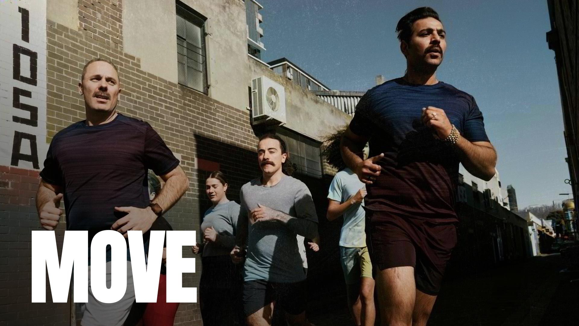 A black and white photo of a man jogging. The word "MOVE" is superimposed.