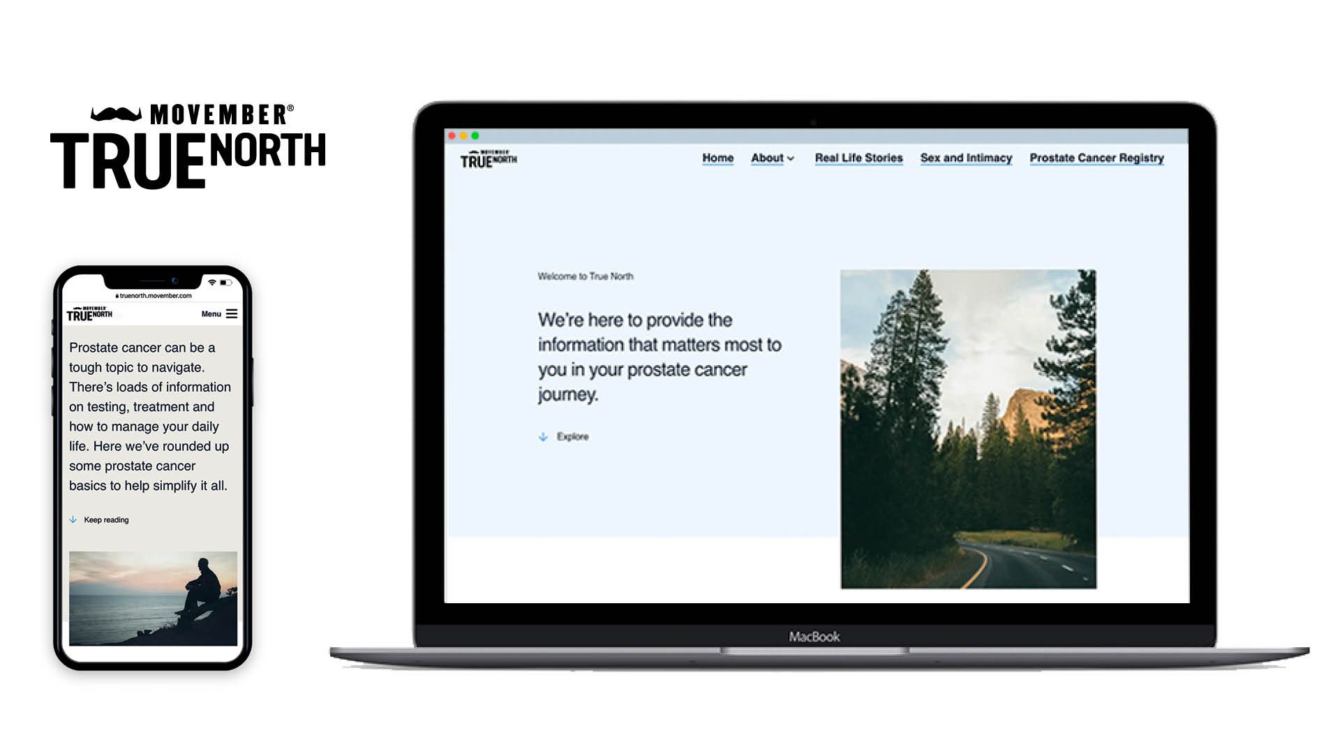Screen captures showing the desktop and mobile interface of the Movember True North website.