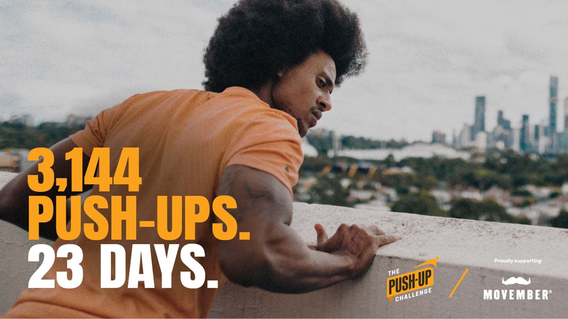 Athletic man performing push-ups against a ledge. Superimposed text reads: "3,144 push-ups. 23 days."