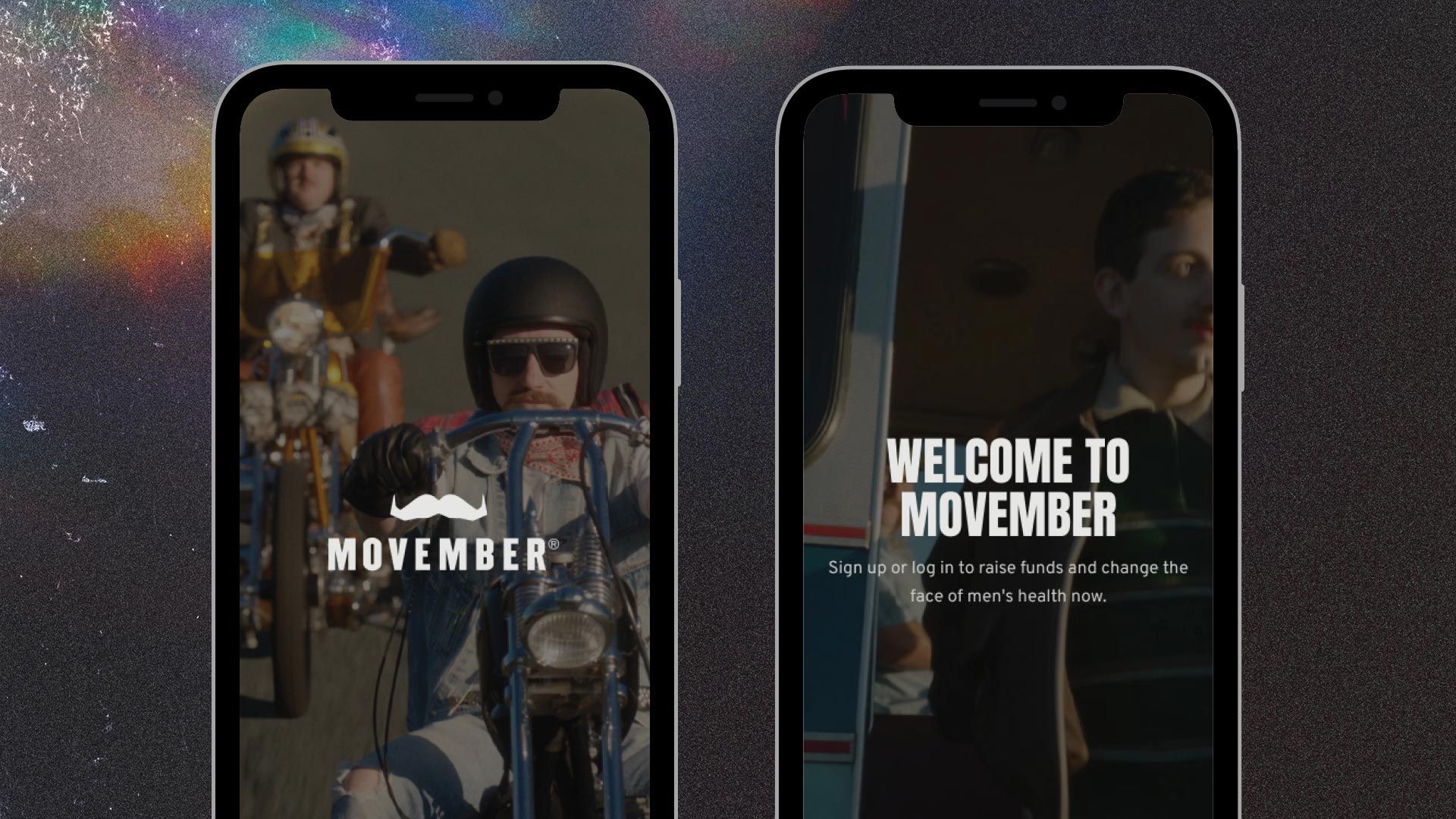 Images of two smartphones, showing the opening screens for the Movember app.