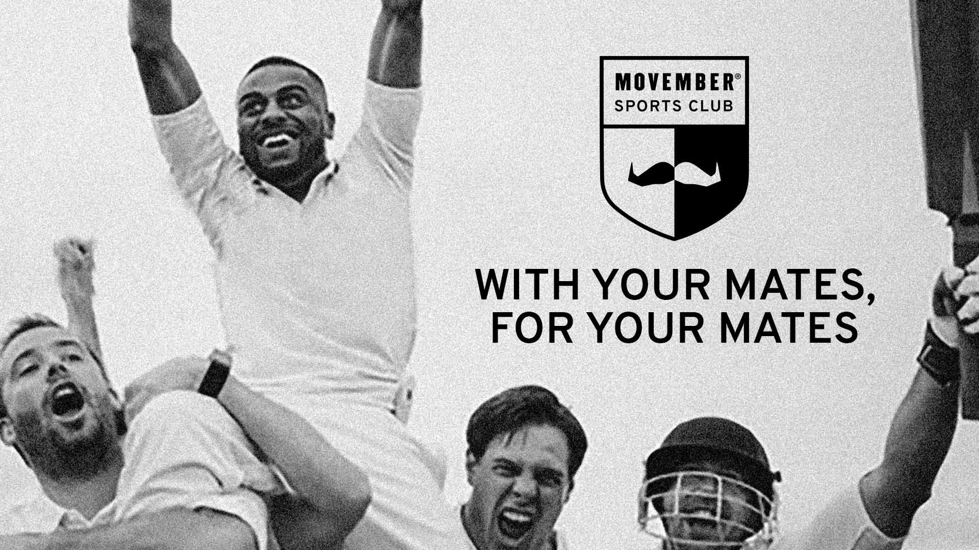 Victorious cricketers celebrating with their arms aloft. A Movember Sports Club logo on a shield surmounts the photo.
