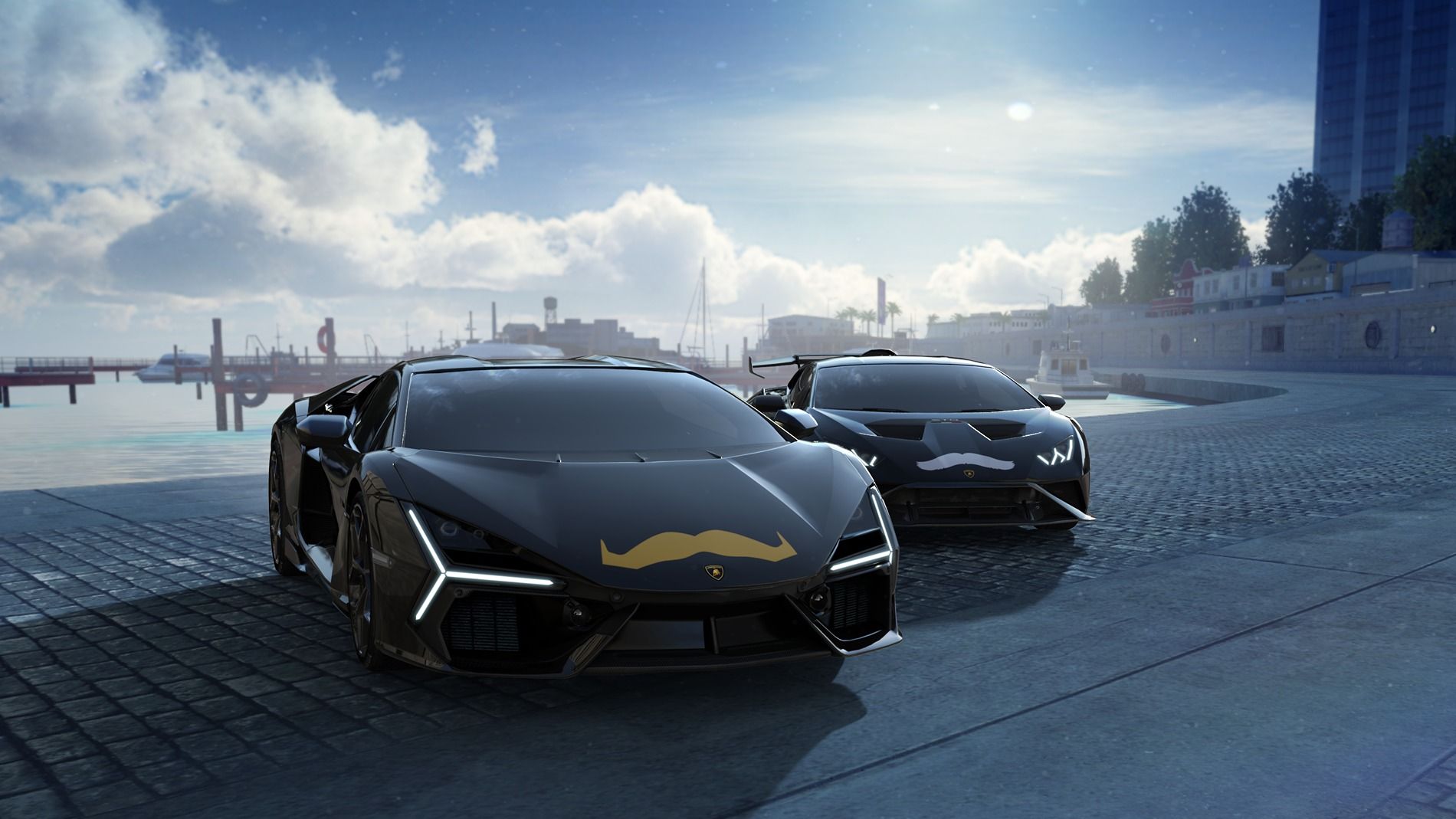 Two Lamborghini cars with a moustaches on the front.